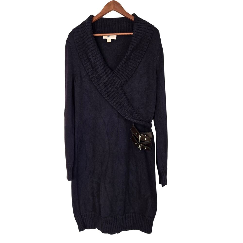 Fall Classic Michael Kors Black Shawl Collar Belted Sweater Dress Minor Flaw L